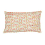 A pink, yellow and cream linen cushion with a trellis pattern.