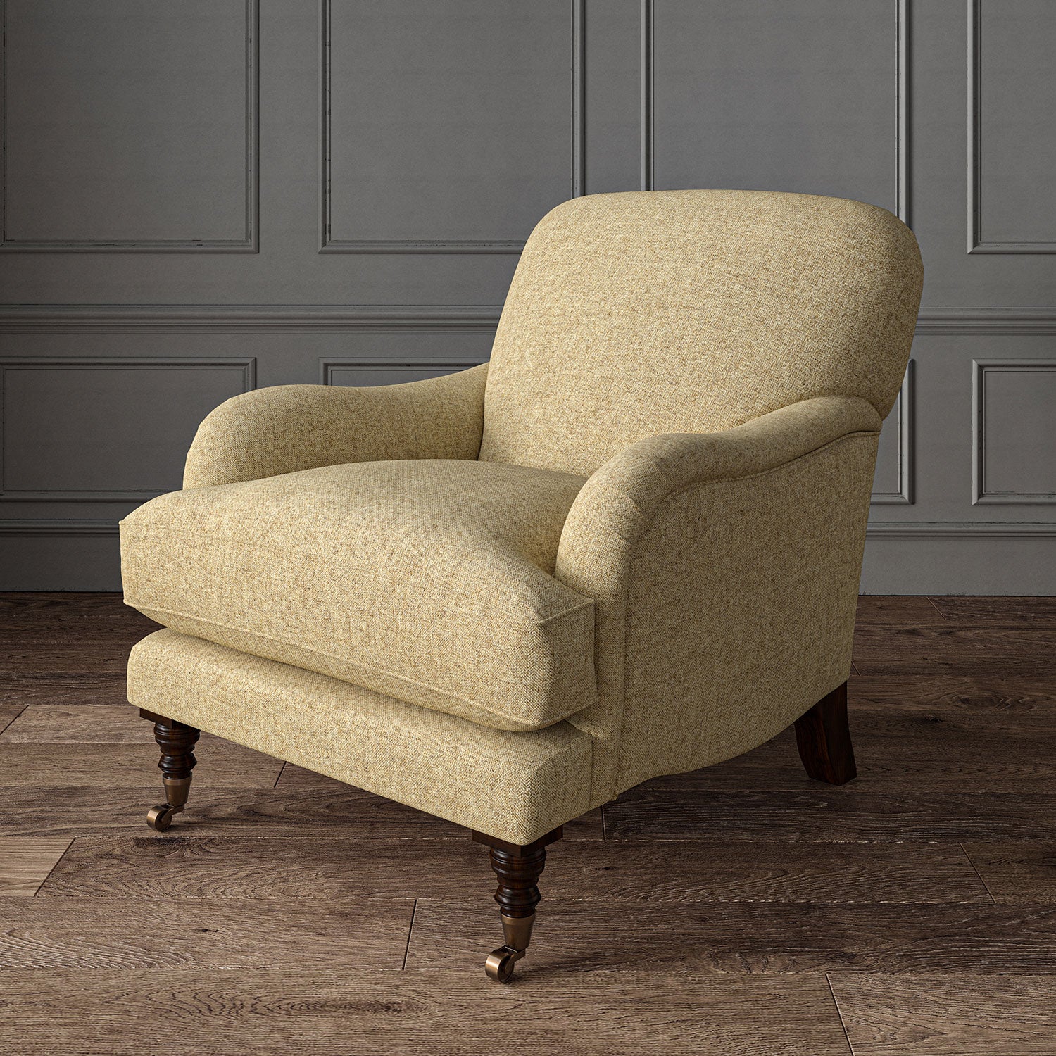 Brown chair upholstered in a plain pure wool woven fabric.