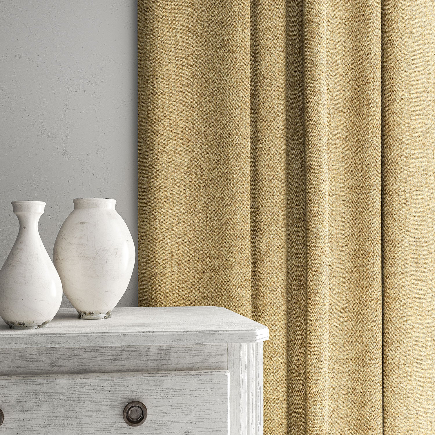 Brown curtain made from a plain pure wool woven fabric.