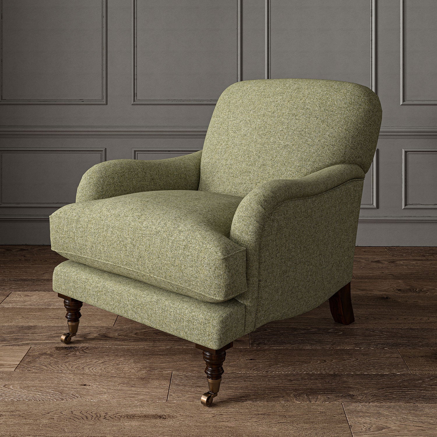 Green chair upholstered in a plain pure wool woven fabric.
