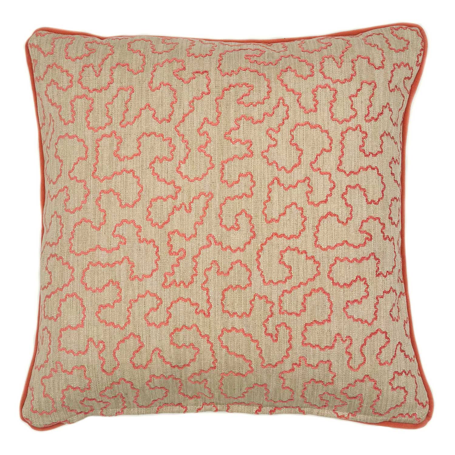 A pink and off white woven cushion featuring a wavy pattern with a velvet piping.