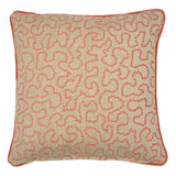 A pink and off white woven cushion featuring a wavy pattern with a velvet piping.