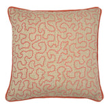 A pink and off white woven cushion featuring a wavy pattern with a velvet piping.