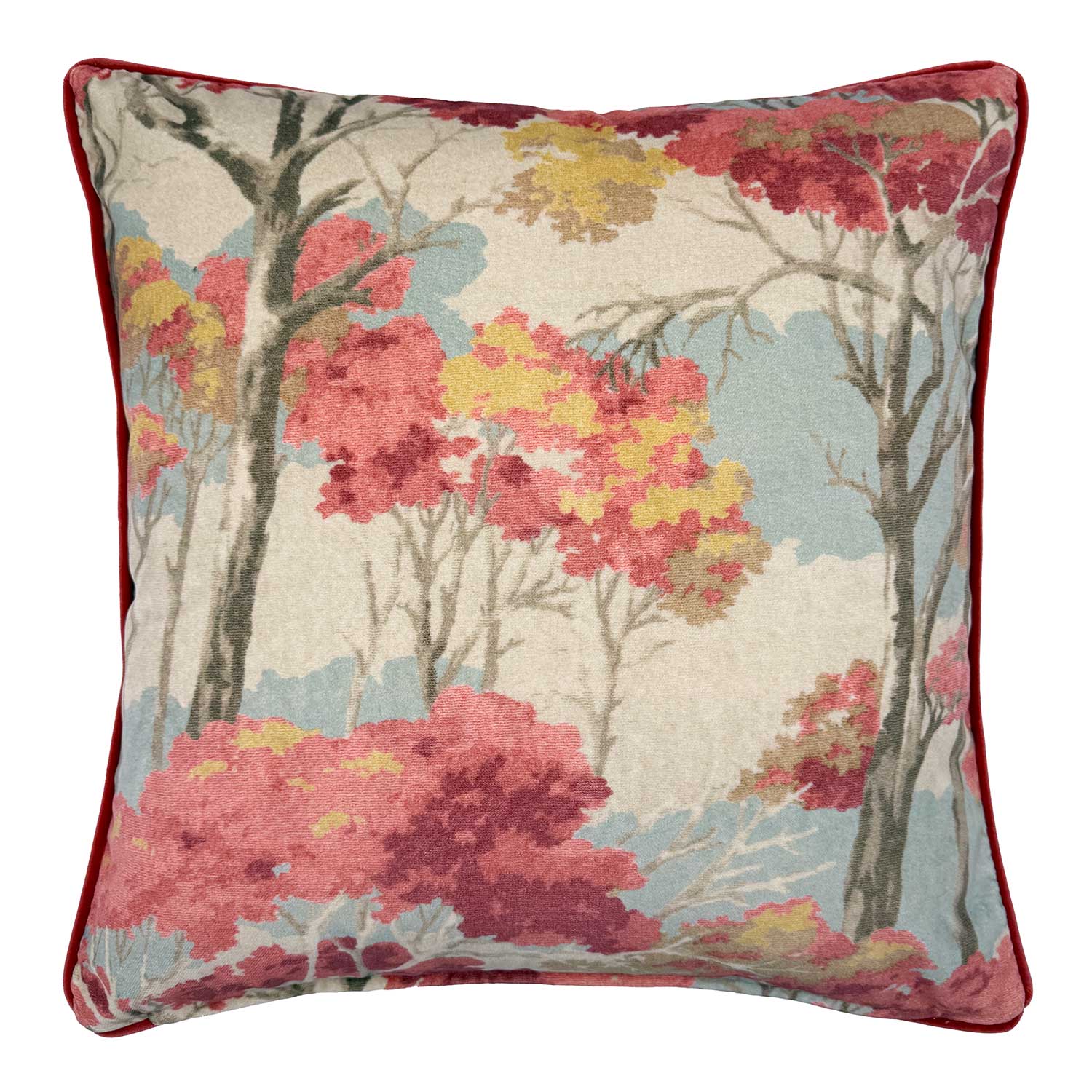 Back of Linwood cushion in Arboreal Cloud. Overhead view of the reverse side, made in matching fabric.