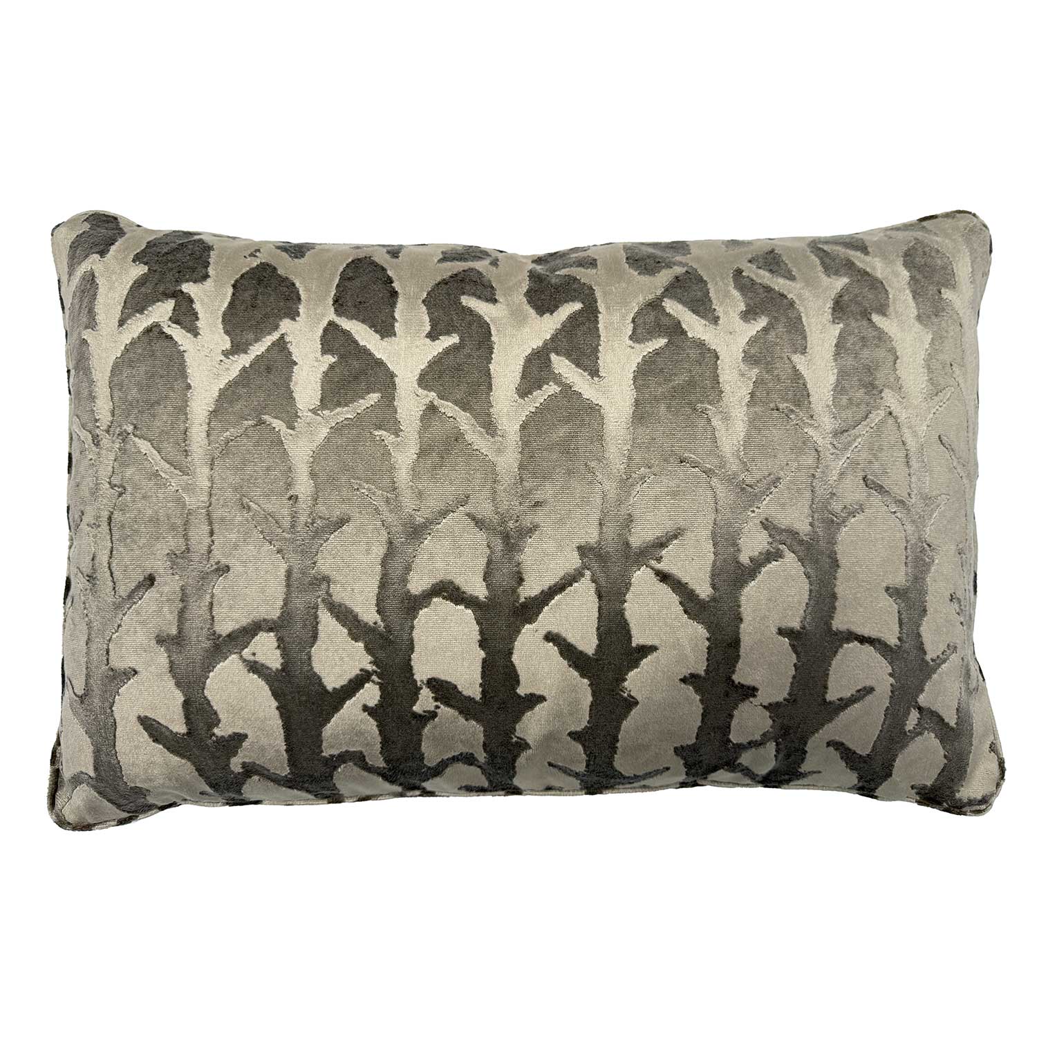 Linwood cushion in Kari Fawn. Overhead view showing the full front design, featuring a striking abstract branch design.