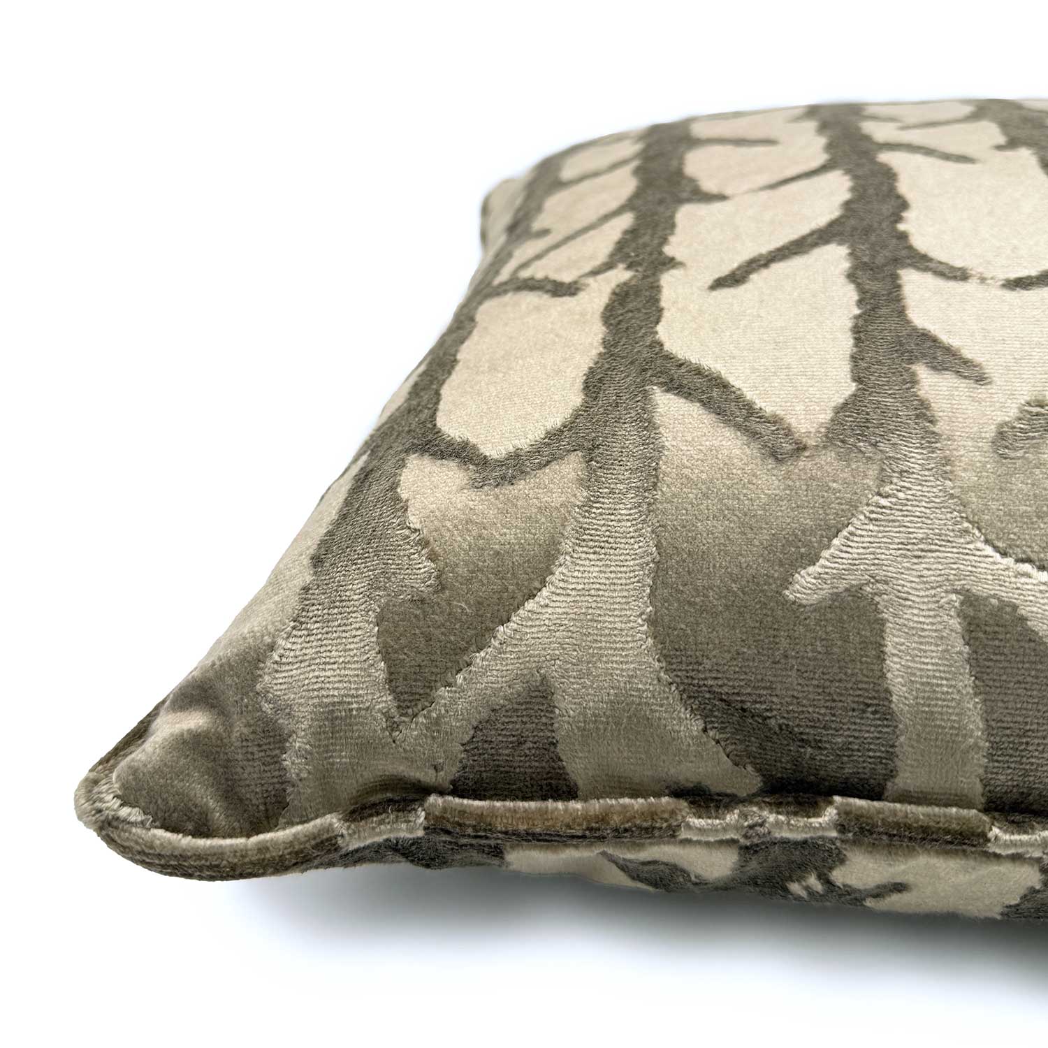 Close-up side view of Linwood cushion in Kari Fawn, showing the fabric texture and piping detail.