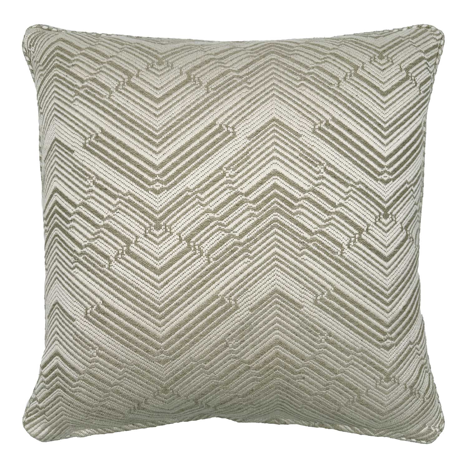 Linwood cushion in Leo Shell. Overhead view showing the full front design, featuring a bold zigzag pattern woven into a lustrous, silk jacquard fabric.