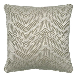 Linwood cushion in Leo Shell. Overhead view showing the full front design, featuring a bold zigzag pattern woven into a lustrous, silk jacquard fabric.