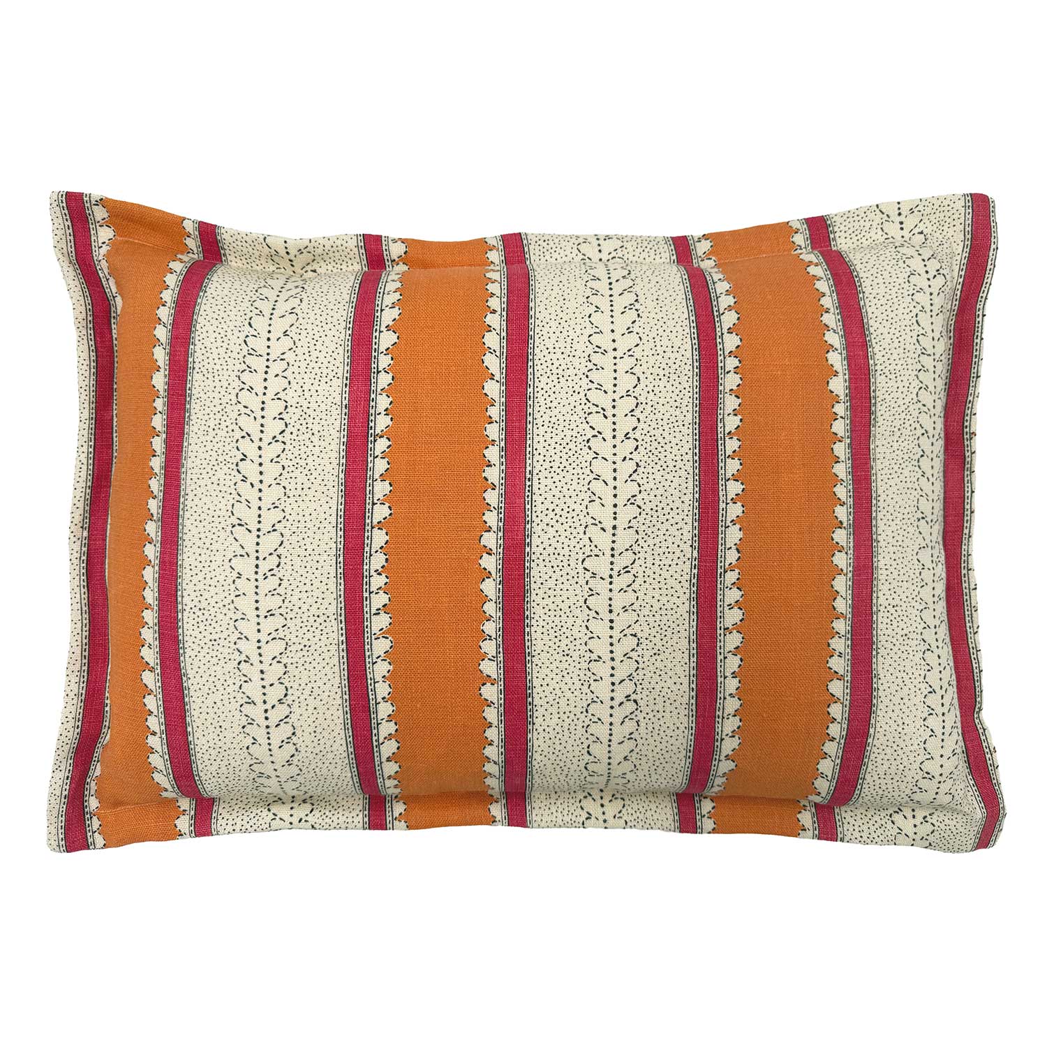 Linwood cushion in Dimty, in Fruit Salad colourway. Overhead view showing the full front design, featuring warm orange and raspberry red bands with subtle dots and dashes.