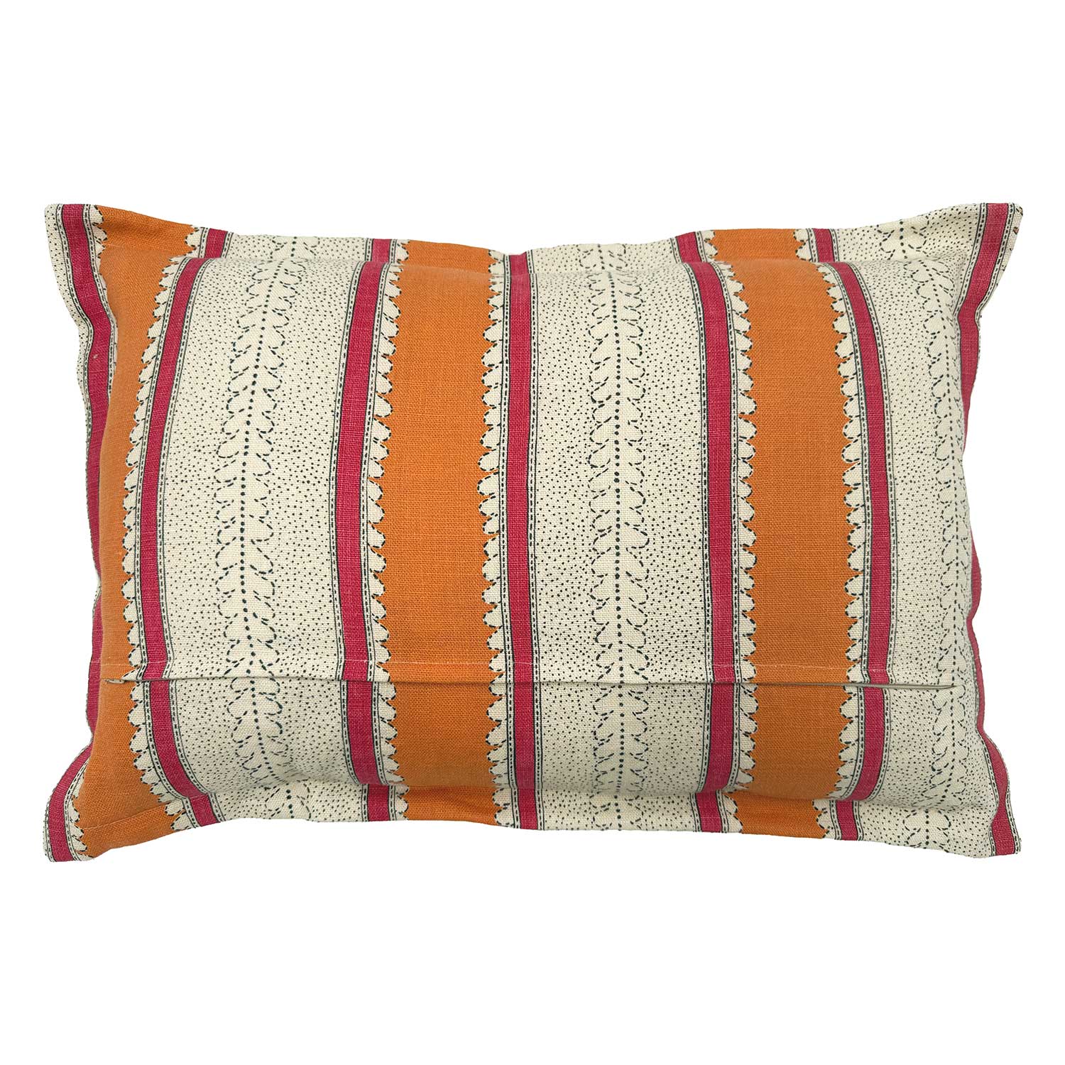 Back of Linwood cushion in Dimity, Fruit Salad colourway. Overhead view of the reverse side, made in matching fabric.