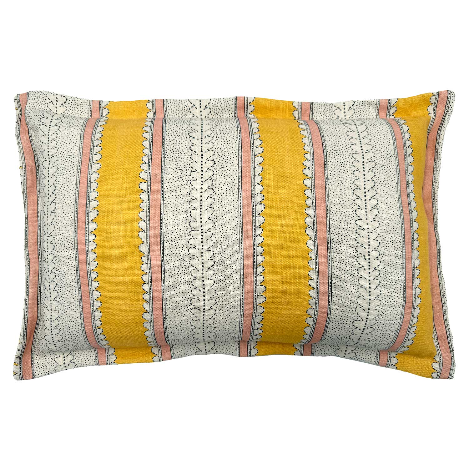 Linwood cushion in Dimity, Mango. Overhead view showing the full front design, featuring golden mango yellow and soft peach bands with subtle dots and dashes.