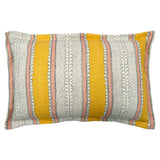 Linwood cushion in Dimity, Mango. Overhead view showing the full front design, featuring golden mango yellow and soft peach bands with subtle dots and dashes.