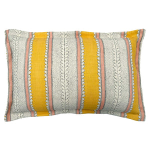 Linwood cushion in Dimity, Mango. Overhead view showing the full front design, featuring golden mango yellow and soft peach bands with subtle dots and dashes.