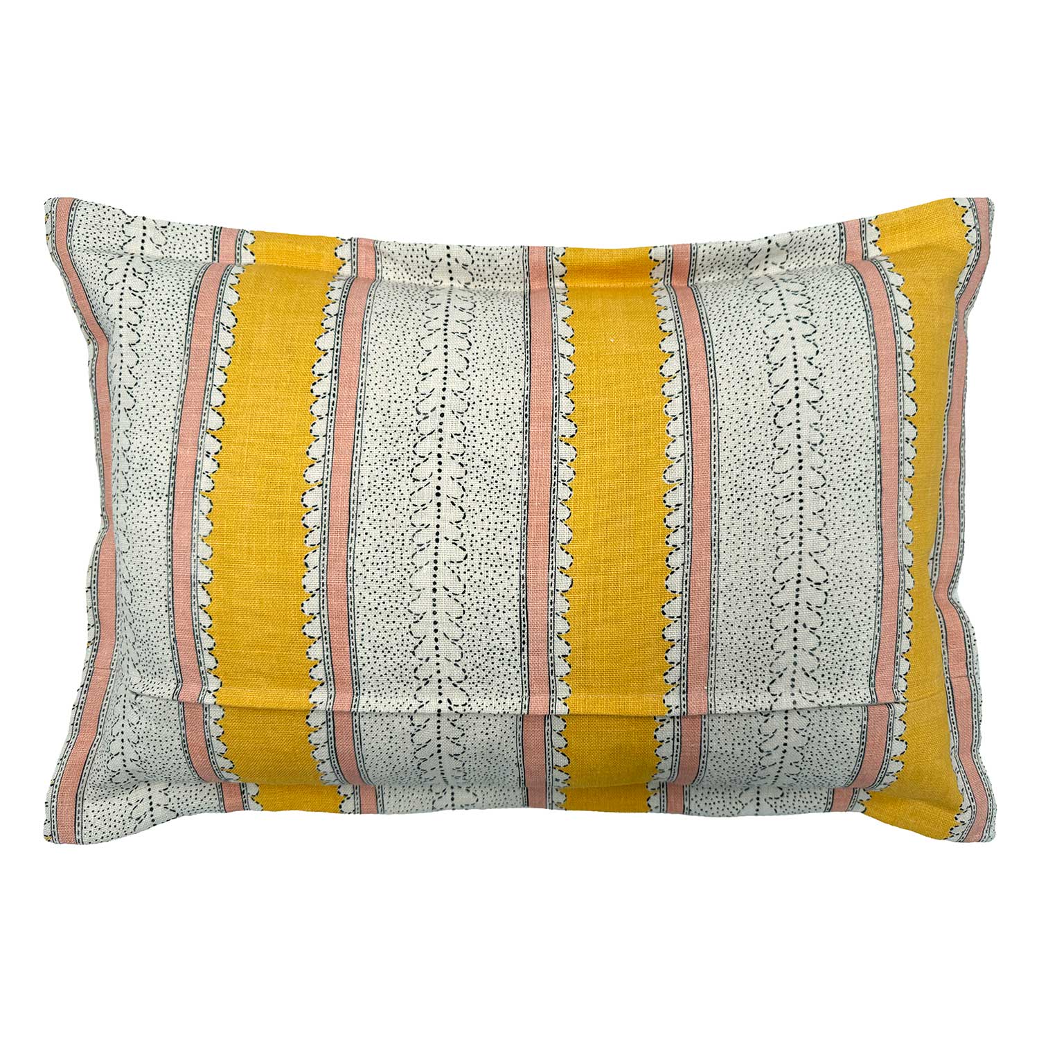 Back of Linwood cushion in Dimity, Mango colourway. Overhead view of the reverse side, made in matching fabric.