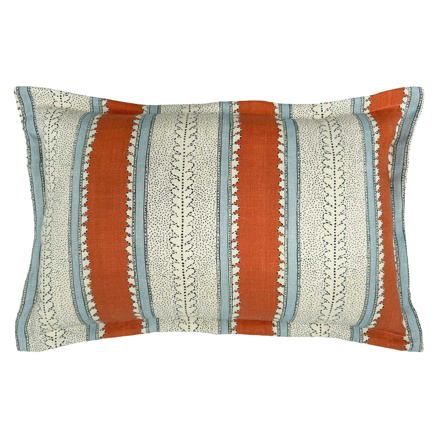 Linwood cushion in Dimity, Rust colourway. Overhead view showing the full front design, featuring warm rust orange and pale blue bands with subtle dots and dashes.