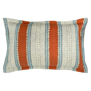 Linwood cushion in Dimity, Rust colourway. Overhead view showing the full front design, featuring warm rust orange and pale blue bands with subtle dots and dashes.