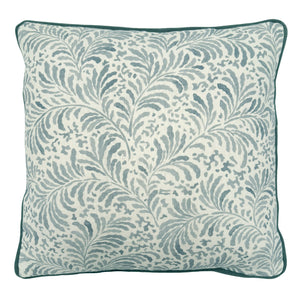 Linwood cushion in Blythe, Soft Blue colourway. Overhead view showing the full front design, features a stylised fern motif.