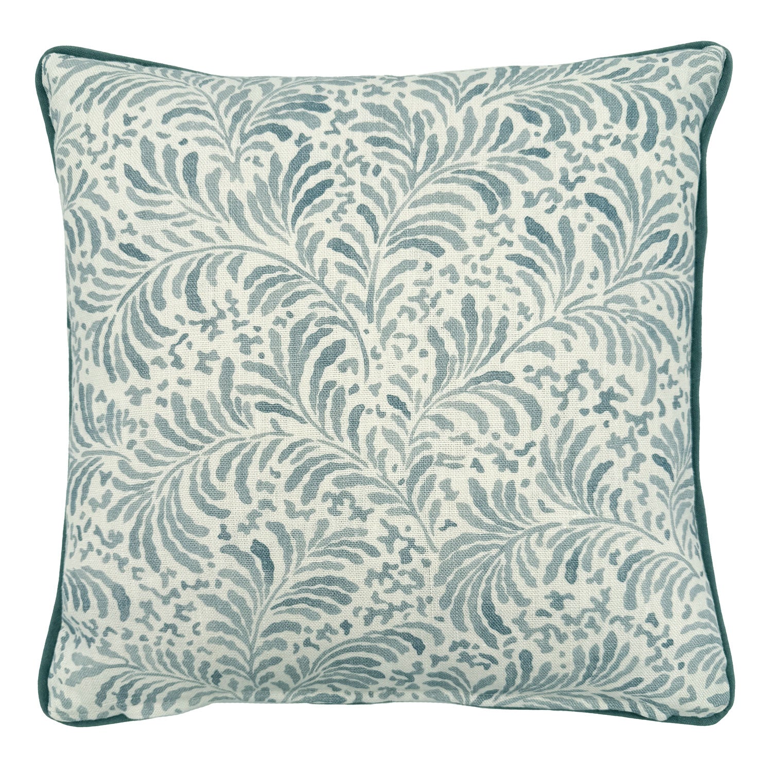Back of Linwood cushion in Blythe, Soft Blue. Overhead view of the reverse side, made in matching fabric.