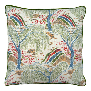 Linwood cushion in Gwendolyn, Cranberry colourway. Overhead view showing the full front design, featuring fine design details, such as fine leaves and restrained hues.