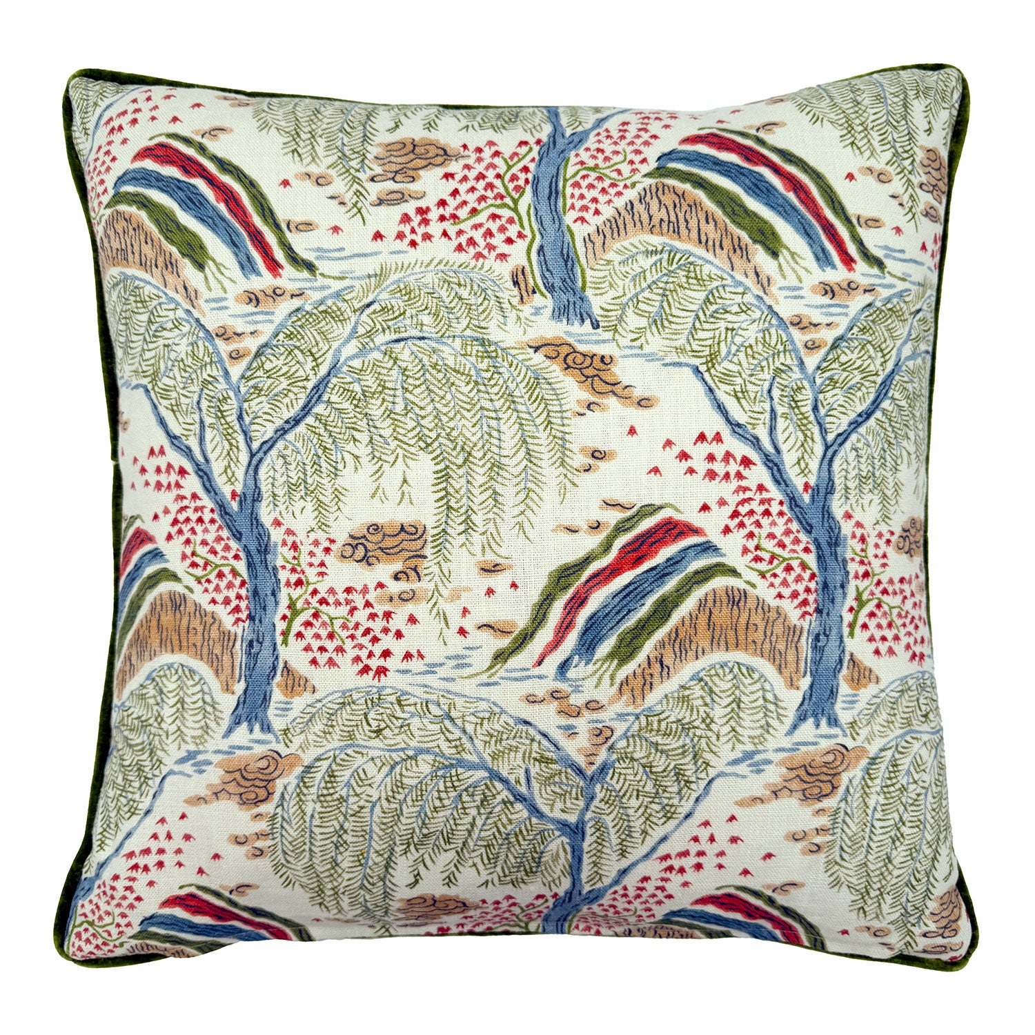 Back of Linwood cushion in Gwendolyn, Cranberry. Overhead view of the reverse side, made in matching fabric.