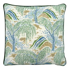 Linwood cushion in Gwendolyn, Emerald colourway. Overhead view showing the full front design, featuring fine design details, such as fine leaves and restrained hues.
