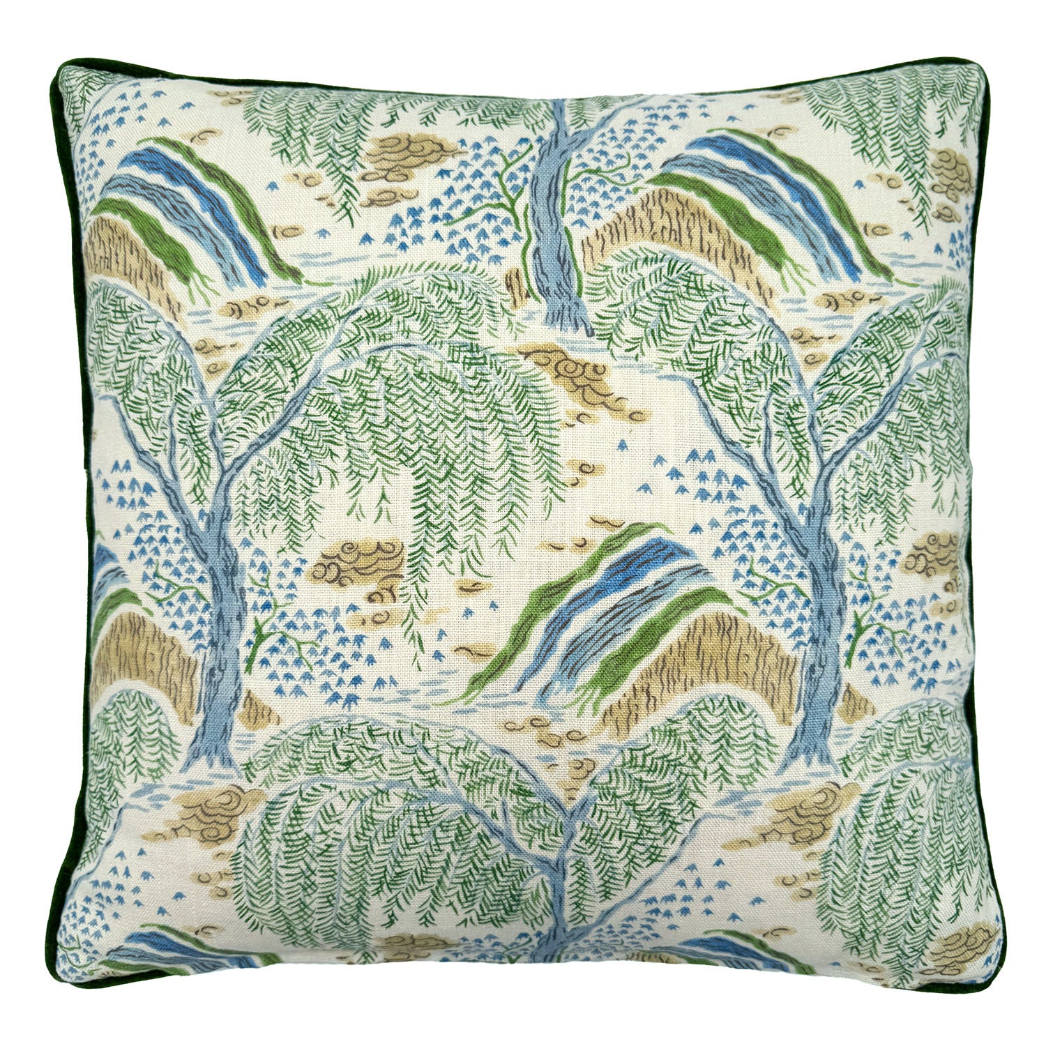 Close-up side view of Linwood cushion in Gwendolyn, Emerald showing fabric texture and piping in a deluxe green velvet.