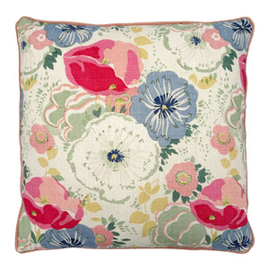 Linwood cushion in Joni, Raspberry colourway. Overhead view showing the full front design, featuring an abundance of flowers and foliage, enhanced with painterly brush strokes.