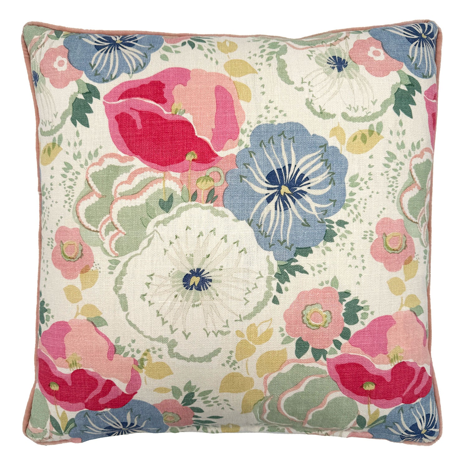 Back of Linwood cushion in Joni, Raspberry. Overhead view of the reverse side, made in matching fabric.