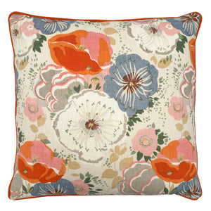 Linwood cushion in Joni, Tangerine colourway. Overhead view showing the full front design, featuring an abundance of flowers and foliage, enhanced with painterly brush strokes.