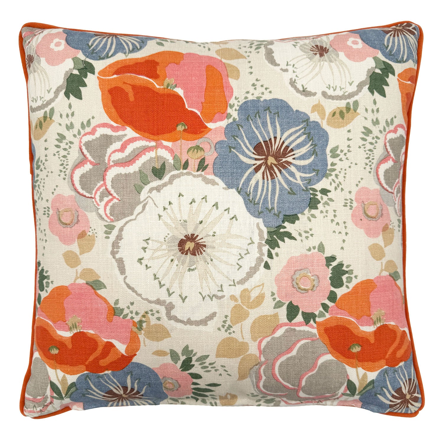 Back of Linwood cushion in Joni, Tangerine. Overhead view of the reverse side, made in matching fabric.