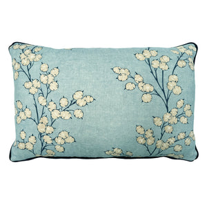 Linwood cushion in Lottie, Sky colourway. Overhead view showing the full front design, features a pattern that captures the simple beauty of honesty seedheads.