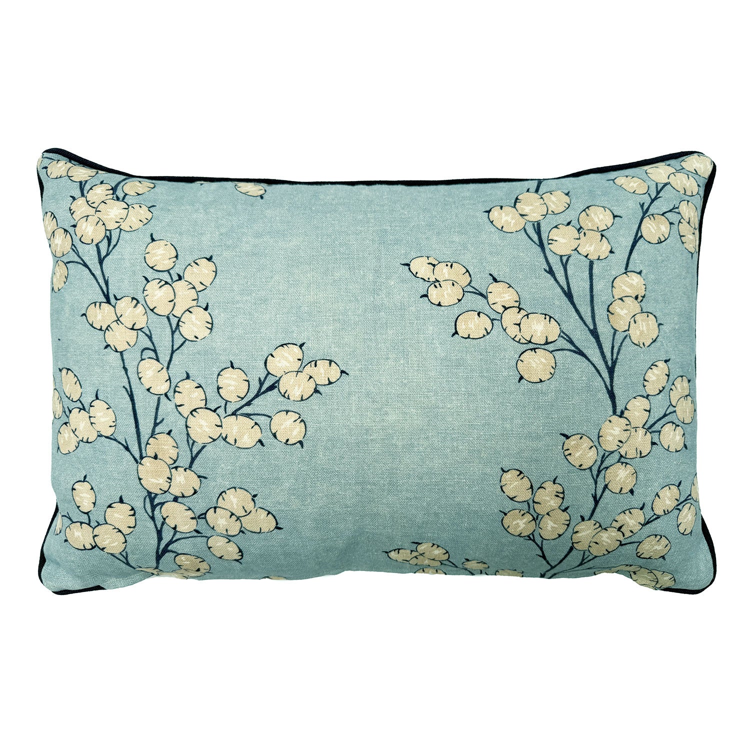 Back of Linwood cushion in Lottie, Sky. Overhead view of the reverse side, made in matching fabric.