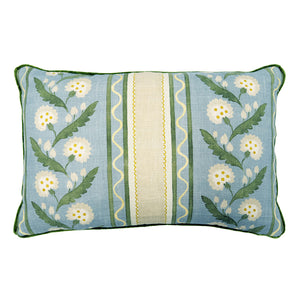 Linwood cushion in Polly Stripe, Lakeside colourway. Overhead view showing the full front design, features a stylised dandelion framed by bands of complementary colour, edged with a playful, wavy line.