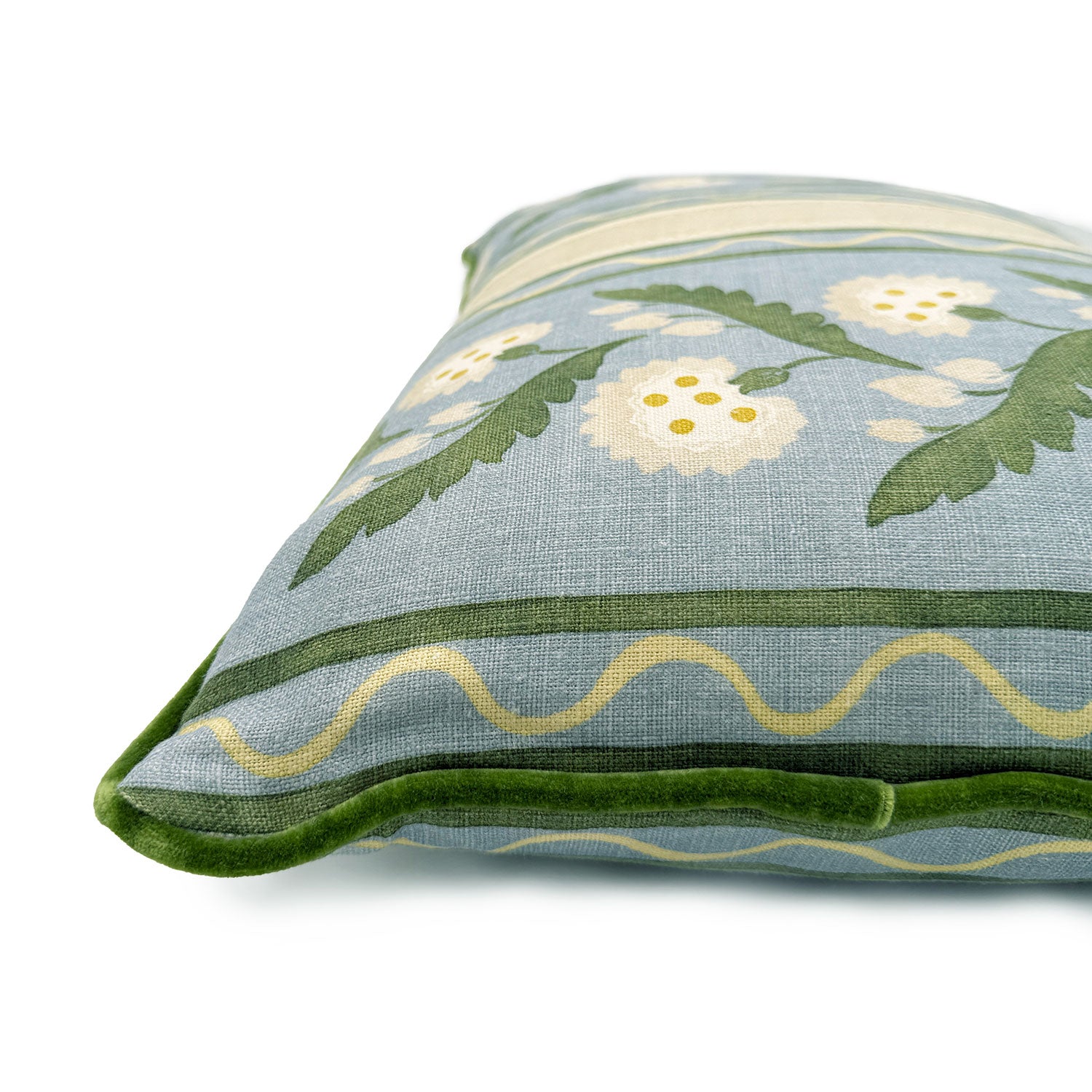 Close-up side view of Linwood cushion in Polly Stripe, Lakeside showing fabric texture and piping in a luxurious green velvet.