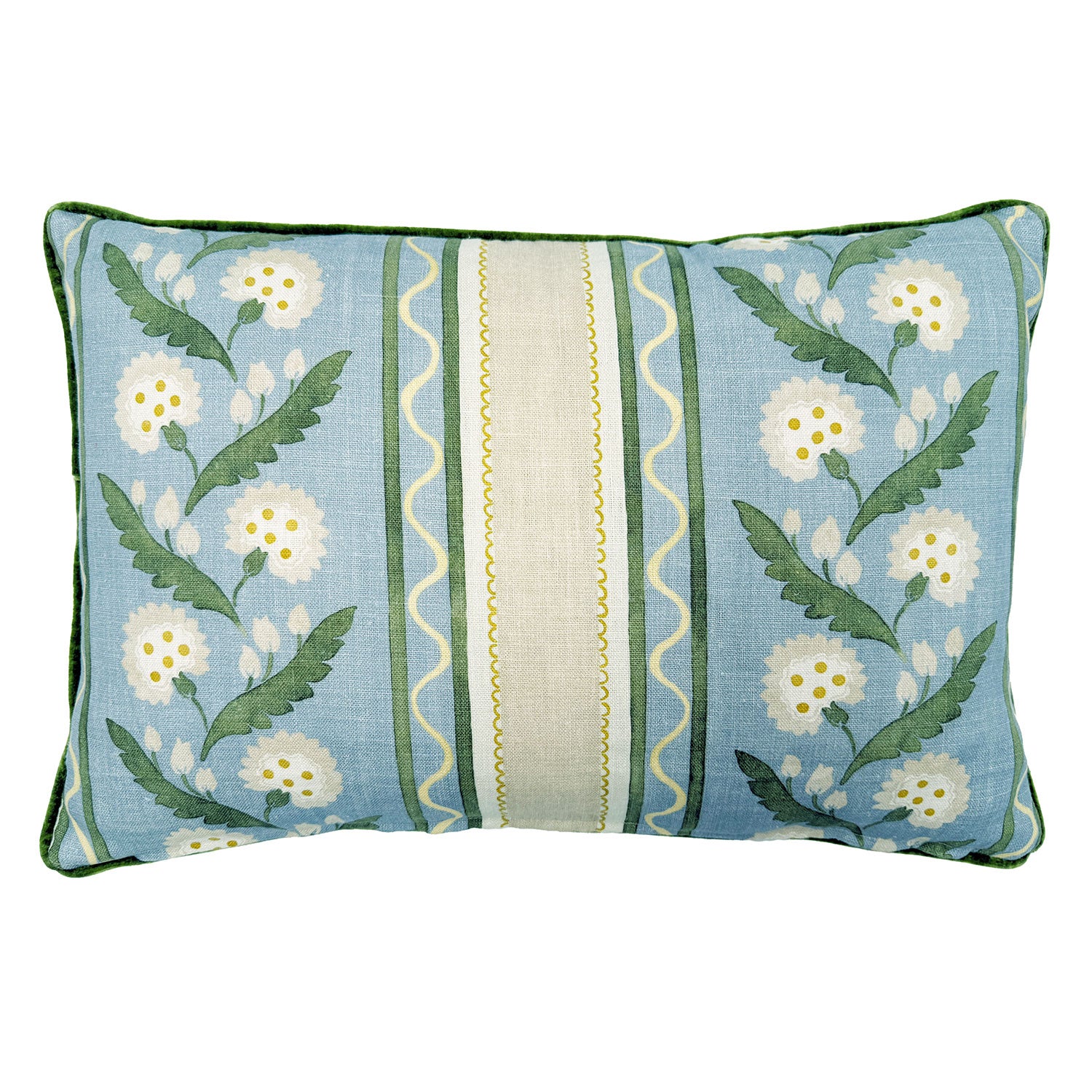Back of Linwood cushion in Polly Stripe, Lakeside . Overhead view of the reverse side, made in matching fabric.