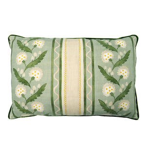 Linwood cushion in Polly, Stripe Moss colourway. Overhead view showing the full front design, features a stylised dandelion framed by bands of complementary colour, edged with a playful, wavy line.