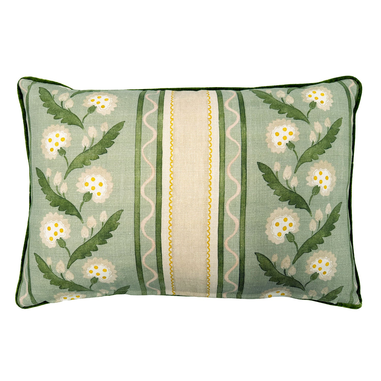 Back of Linwood cushion in Polly, Stripe Moss. Overhead view of the reverse side, made in matching fabric.