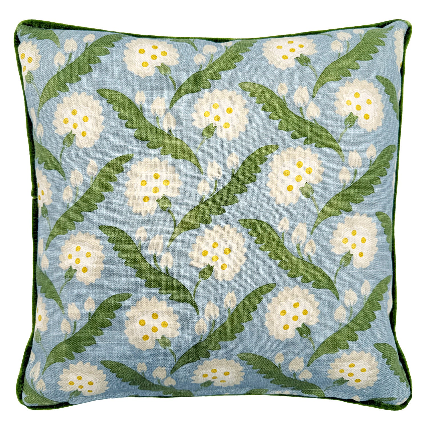 Back of Linwood cushion in Polly, Lakeside. Overhead view of the reverse side, made in matching fabric.