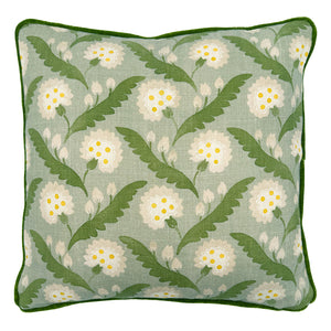 Linwood cushion in Polly, Moss colourway. Overhead view showing the full front design, features a stylised flower reminiscent of a dandelion.