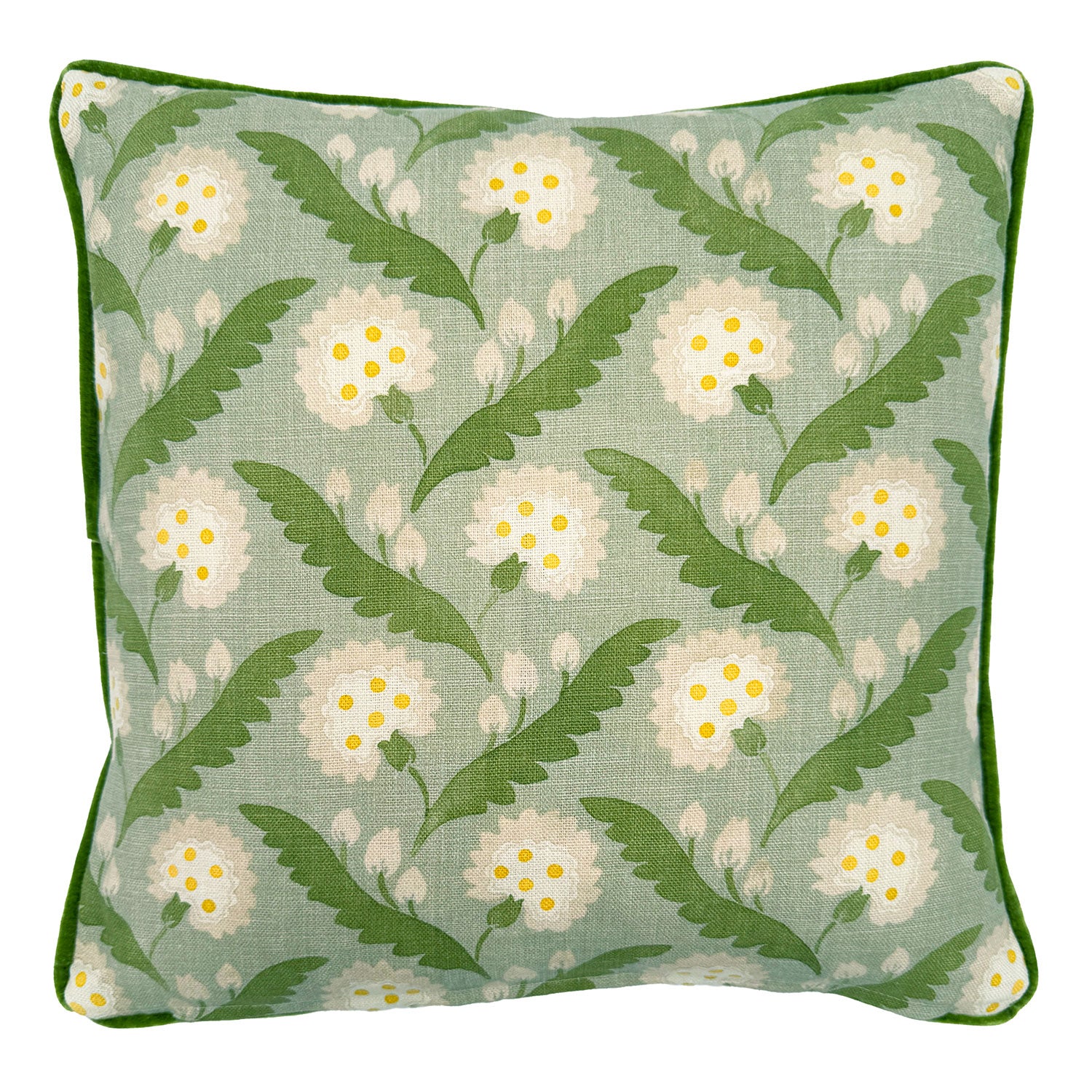 Back of Linwood cushion in Polly, Moss. Overhead view of the reverse side, made in matching fabric.