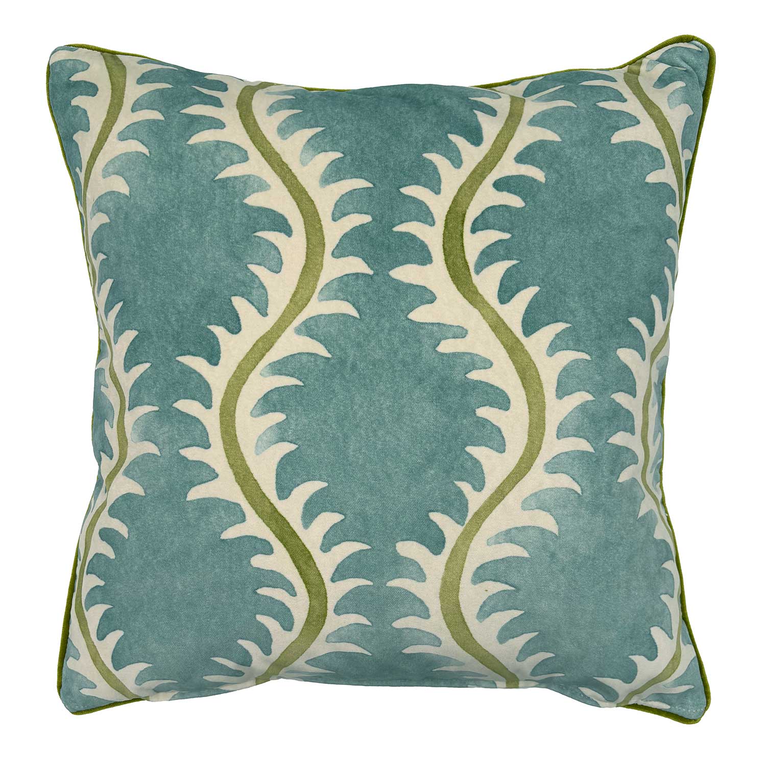 Blue velvet cushion with a stylised fern pattern.