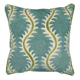 Blue velvet cushion with a stylised fern pattern.