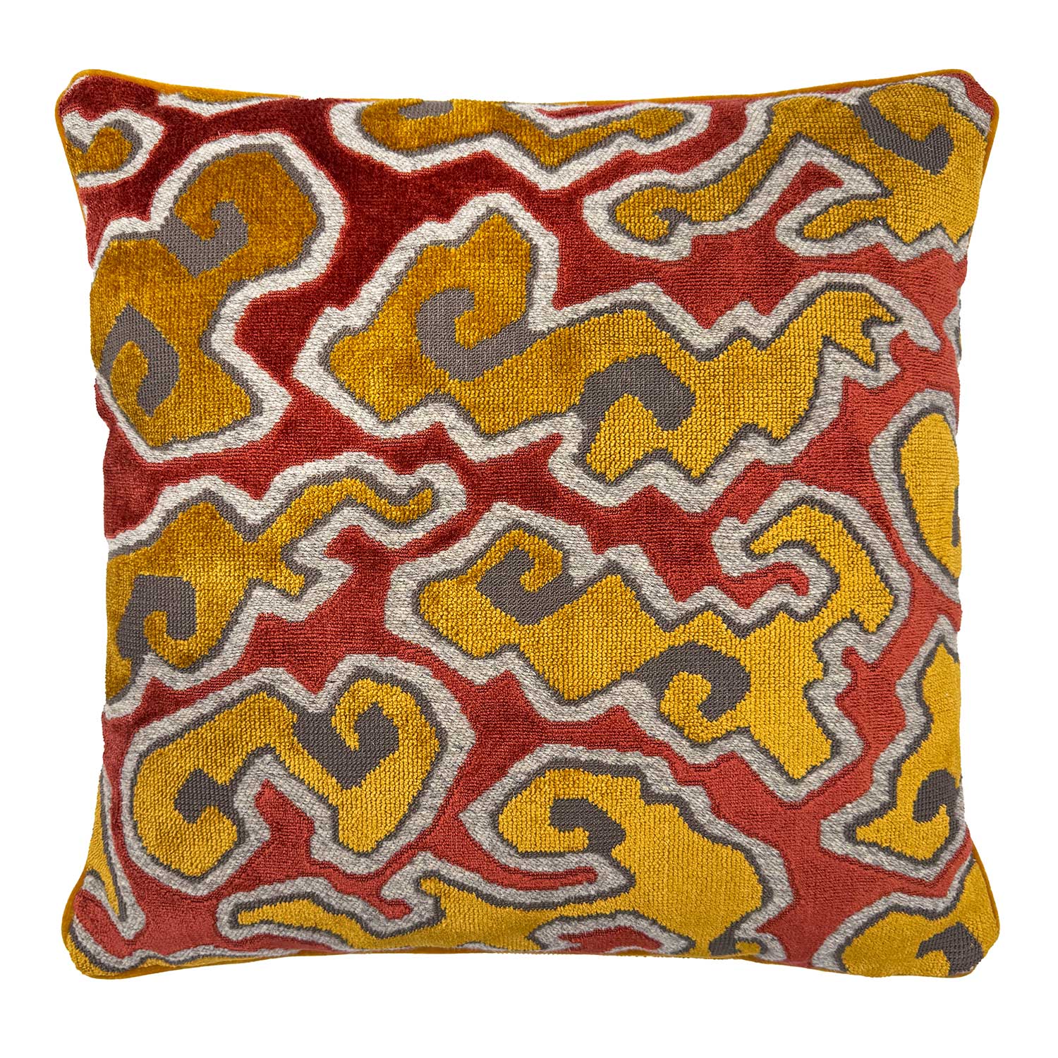 Back of Linwood cushion in Kumo, Flame colourway. Overhead view of the reverse side, made in matching fabric.