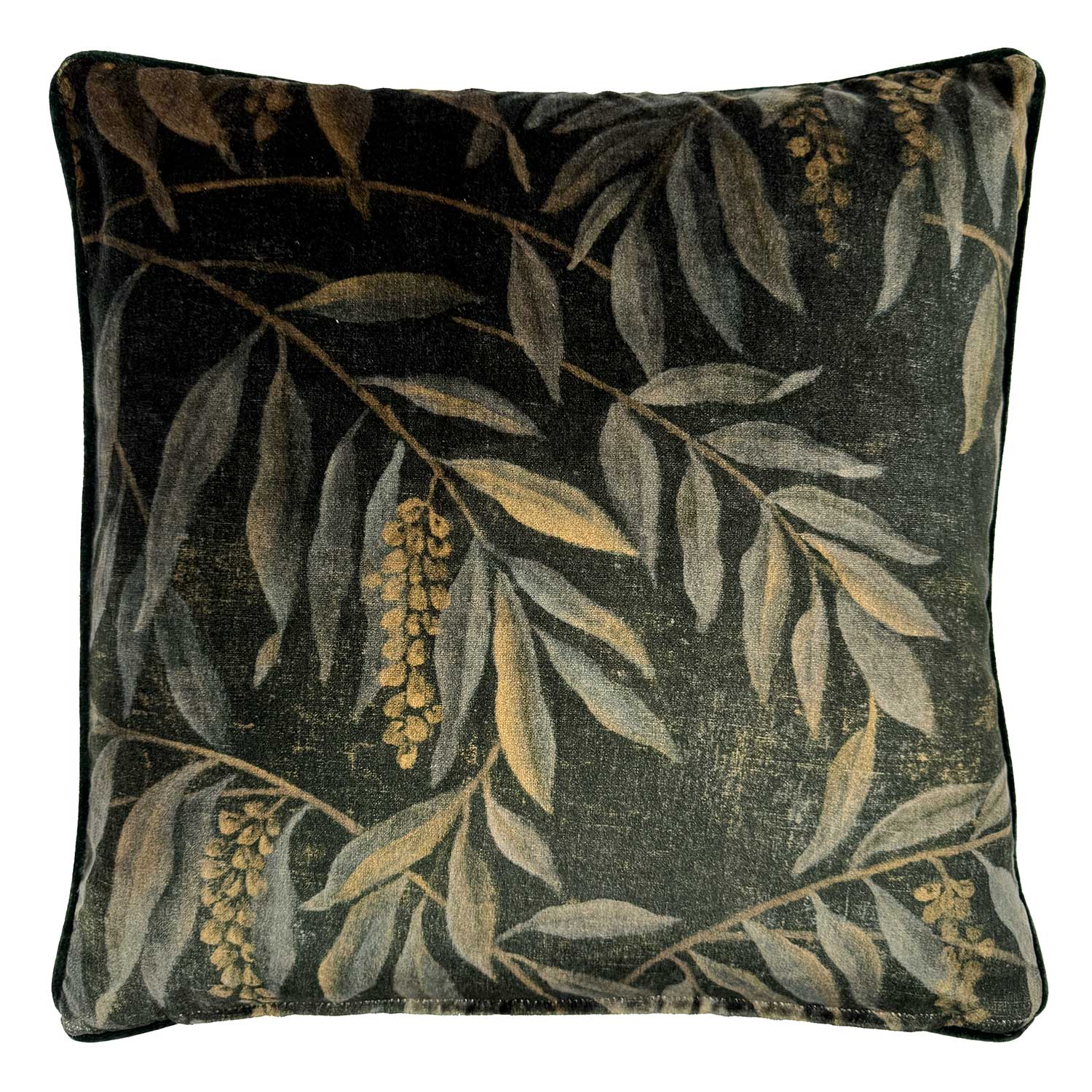 Back of Linwood cushion in Lumen Dusk. Overhead view of the reverse side, made in matching fabric.