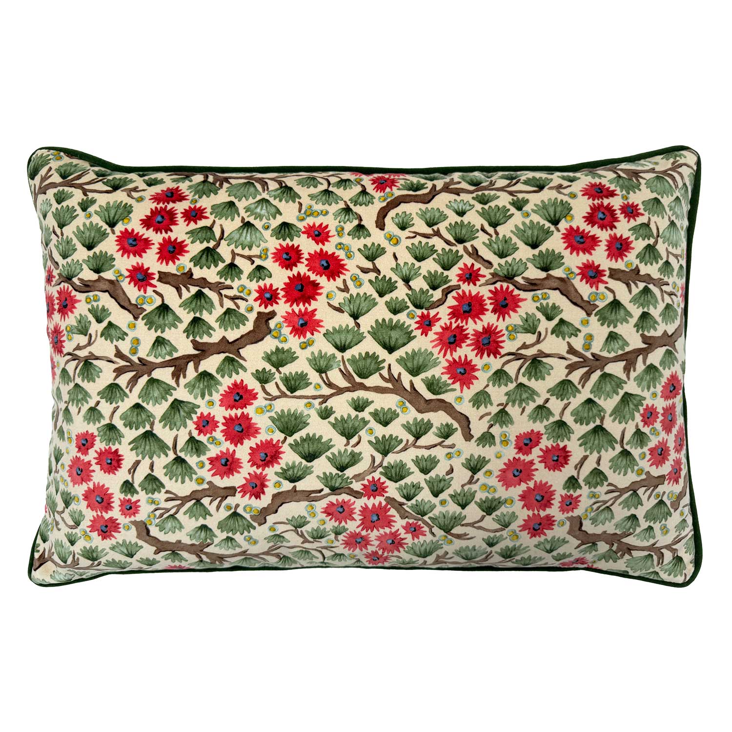 Linwood cushion in Miyagi, Pink Green colour way. Overhead view showing the full front design, featuring delicate flowers and layered leaves.