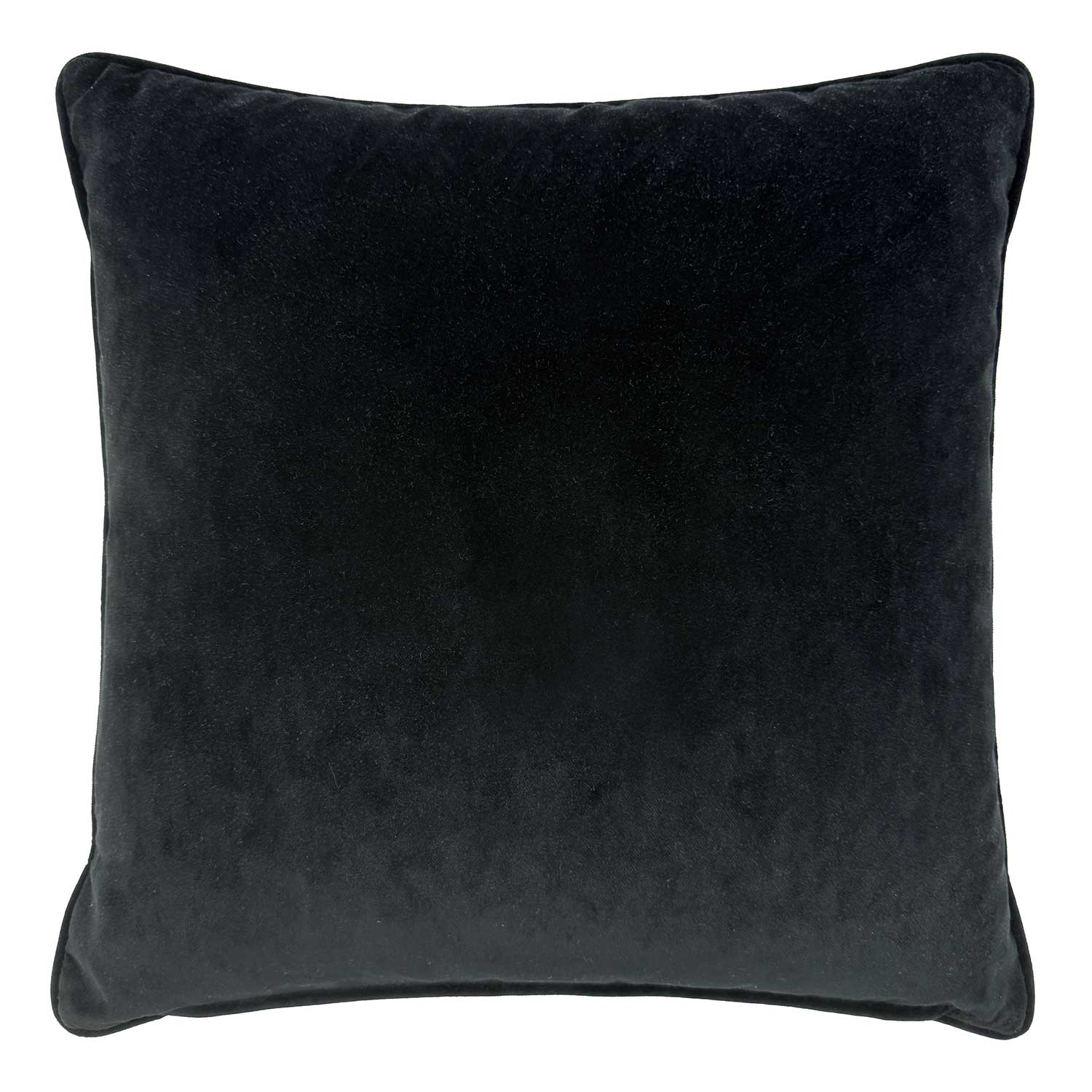 Back of Rainforest Rabble Neon cushion. Overhead view of the reverse side, in a contrasting plain dark velvet.
