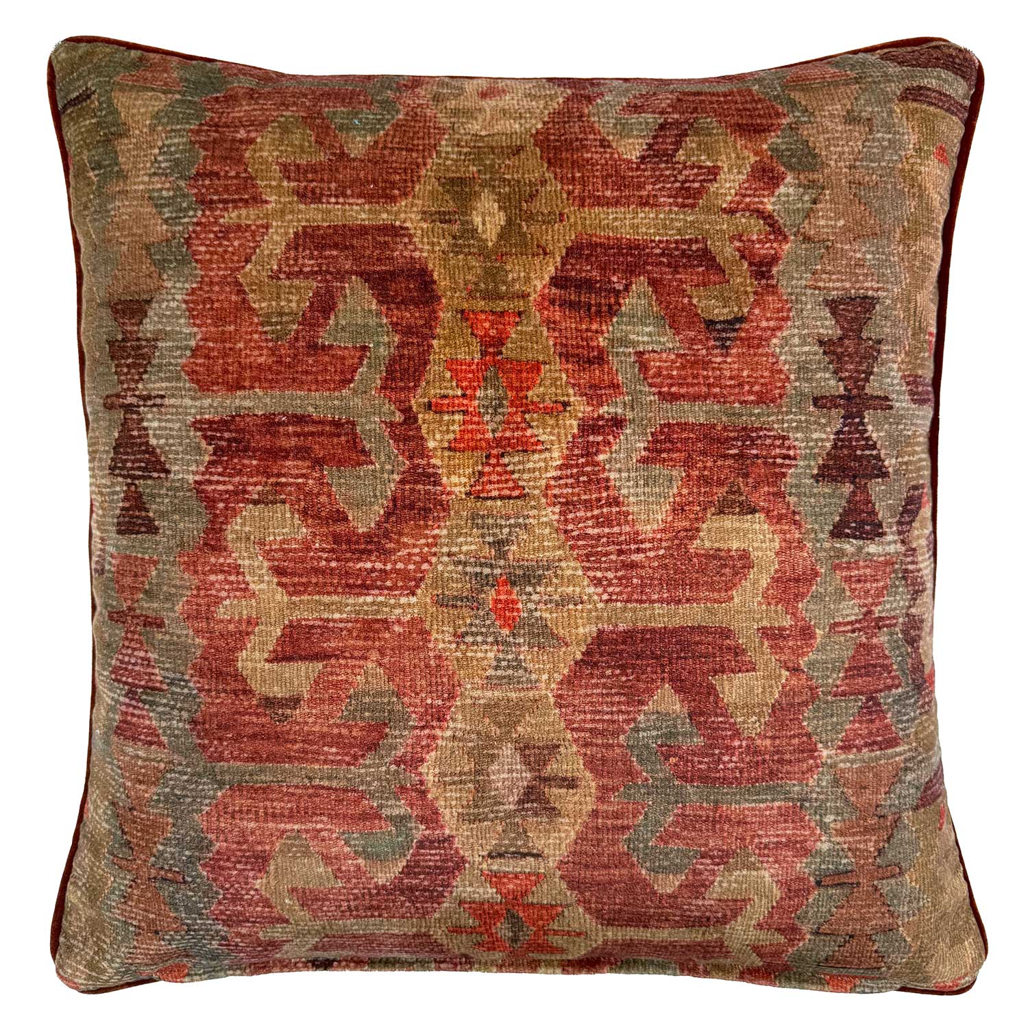 Back of Linwood cushion in Samimi, Earth colourway. Overhead view of the reverse side, made in matching fabric.