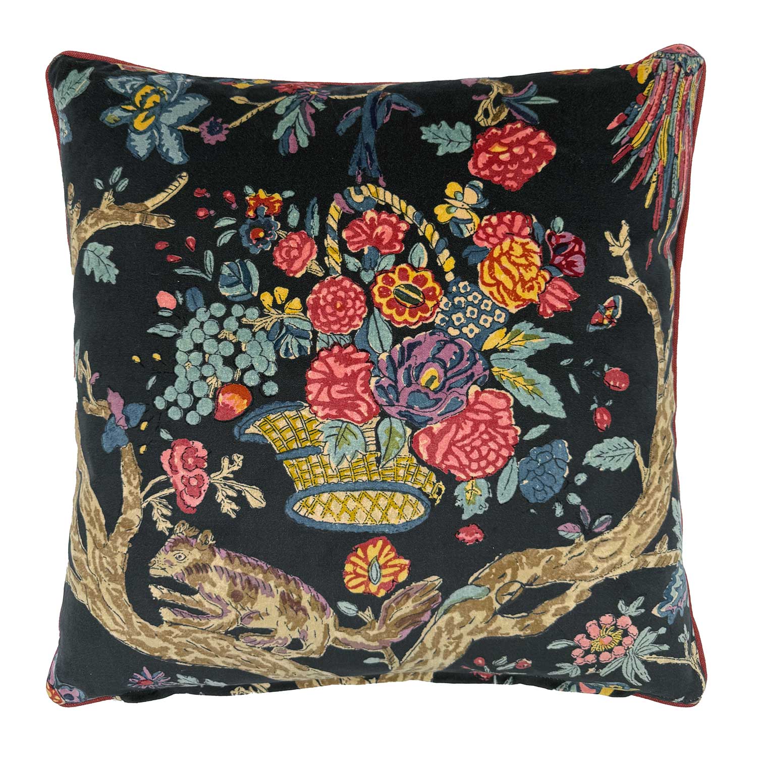 Back of Linwood cushion in Wild Midnight. Overhead view of the reverse side, made in matching fabric.