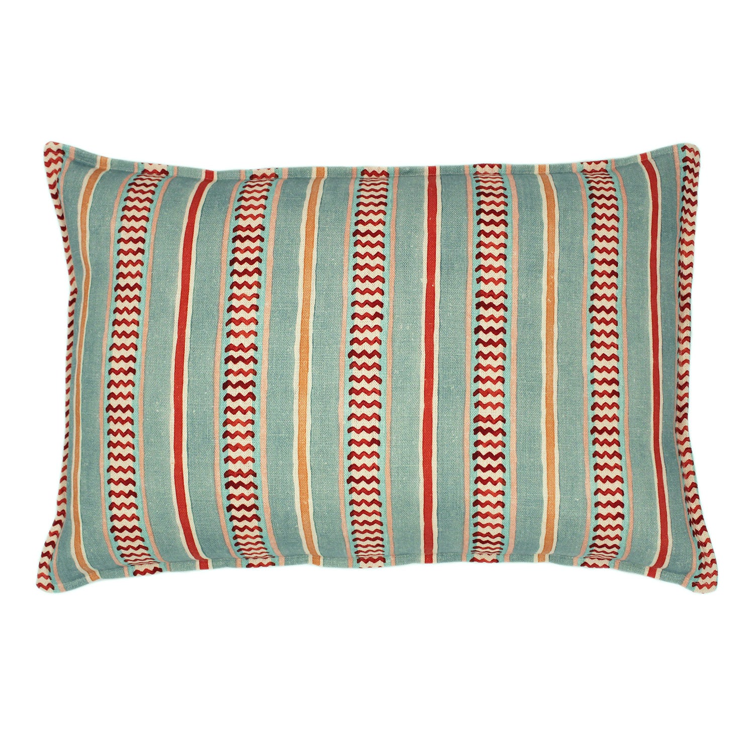 Cushion featuring vibrant yet casual pink and blues stripes on the front and back. Made from pure linen.