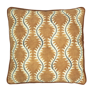 A mustard, grey and brown linen cushion with a all-over repeat pattern and velvet piping.
